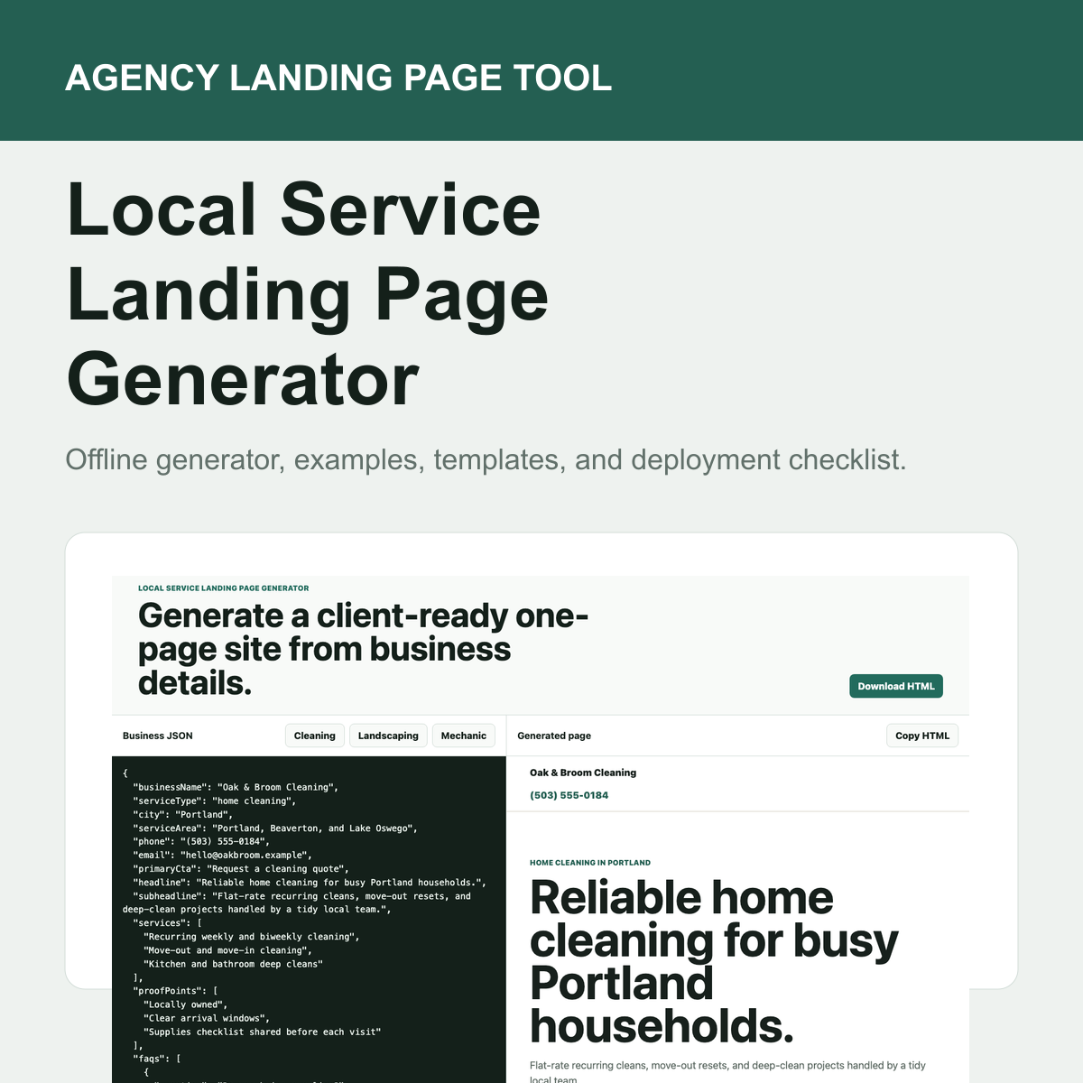 Local Service Landing Page Generator cover artwork with actual generator UI