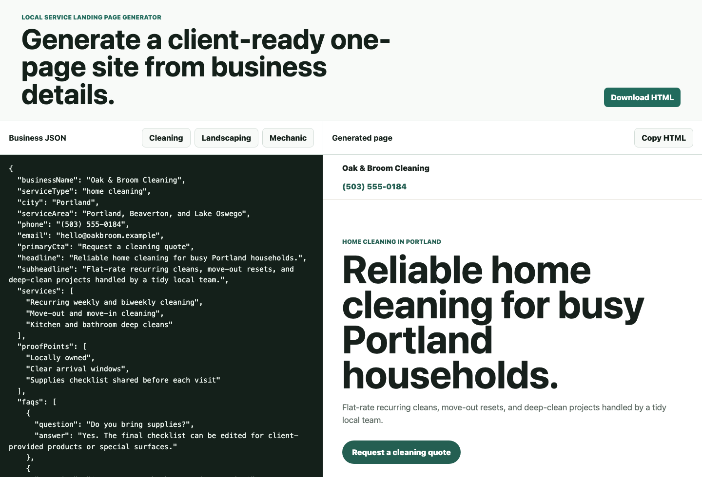 Local Service Landing Page Generator interface with JSON business input and generated landing page preview